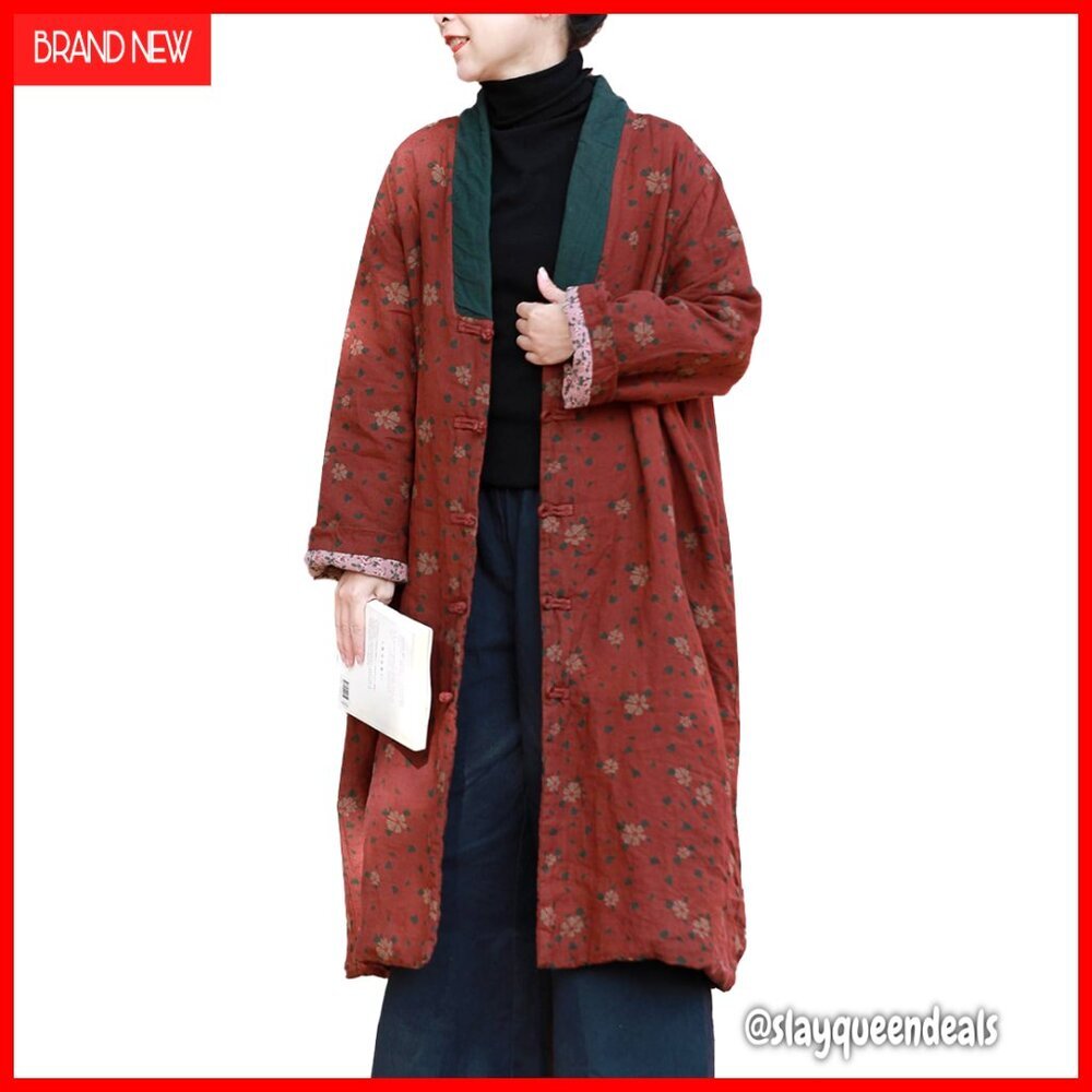 Long Linen Floral Printed Quilted Coat Plus Size Winter Warm Padded